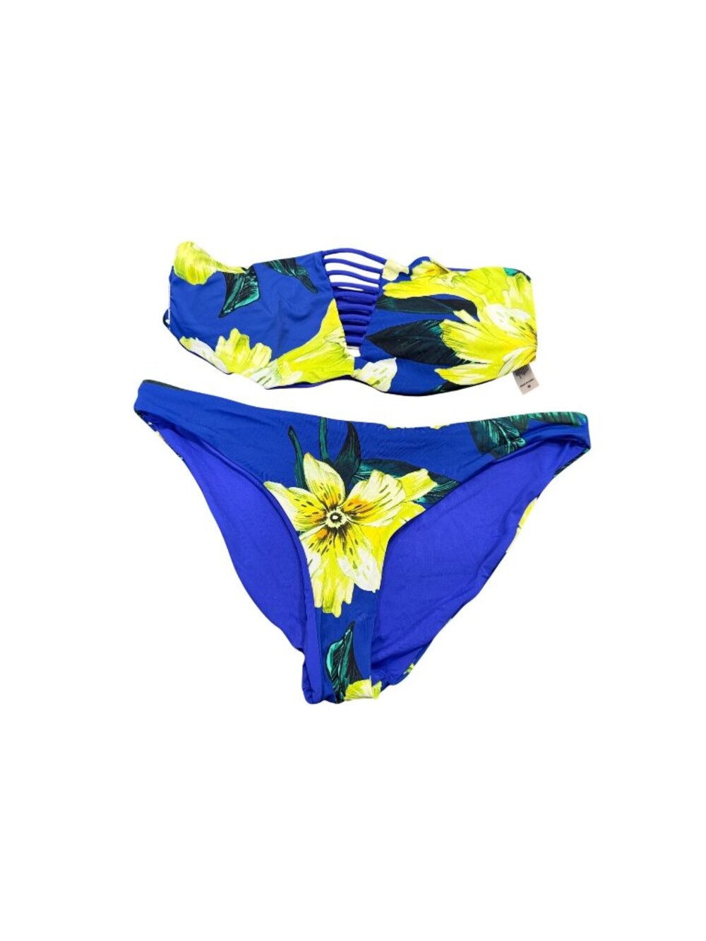 Tinibikini  Bikini Set Blue Yellow Floral Halter Top High Waist Bottoms Size M